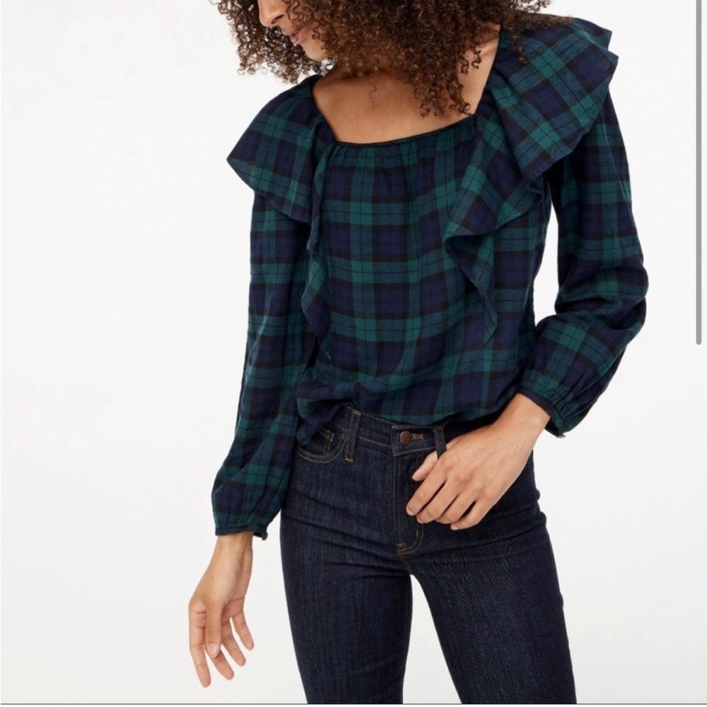 J. Crew Factory Flannel Squareneck Ruffle Top, PM